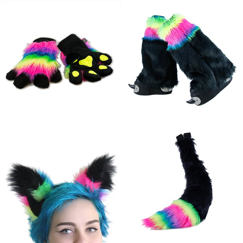Pawstar Neon Rainbow Fur Fox Yip Ears Headband Full Tail | Etsy