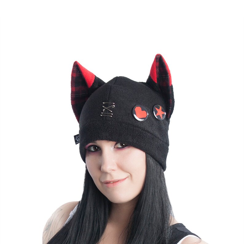 Pawstar Pin Punx FOX Hat - Fleece Ears Beanie Plaid Jrock kawaii anime Wolf Cap Safety Punk Rock Emo Visual Kei 1858 