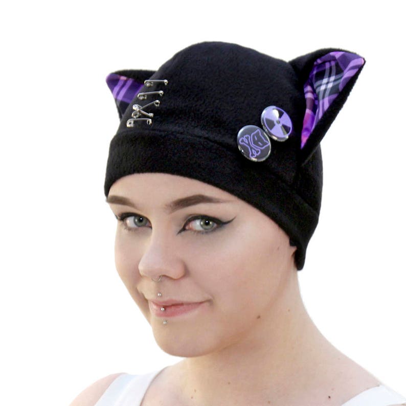 Cat Ears Plaid Fleece Beanie Red Black White Grey Gray Red Pink Purple Jrock Punk kawaii anime 1854 Pawstar SAFETY PIN KITTY Hat