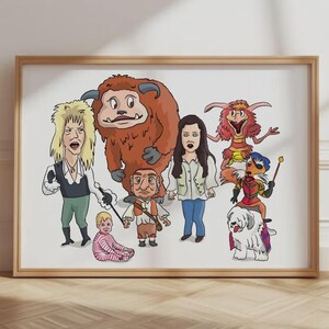 May include: A framed art print featuring a cartoon illustration of characters from the movie Labyrinth, including a blonde figure in a vest, a large brown furry creature, a small baby, a man in a tunic, a woman, a red creature, and a dog.