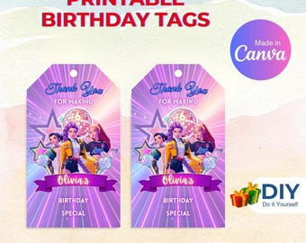 Etiqueta de agradecimiento de KPop Demon Hunters, etiquetas imprimibles para recuerdos de fiesta, etiquetas de regalo de cumpleaños para niños de Huntrix Saja, descarga editable de Canva, etiqueta de recuerdo de Kpop