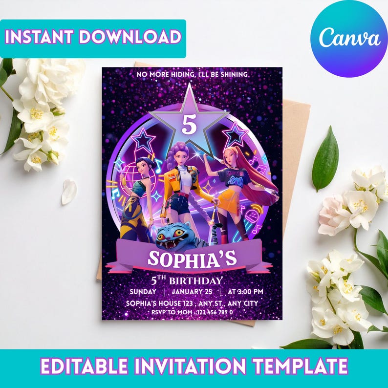 May include: A digital invitation template for a 5th birthday party. The design features three animated figures in vibrant outfits, a purple banner with the name "Sophia's", and event details. The words "Instant Download" and "Editable Invitation Template" are displayed.