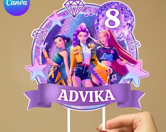 Decorazione per torta Kpop Demon Hunters, decorazione per torta di compleanno K-pop Huntrix, decorazione stampabile per torta da ragazza, topper a tema Kpop modificabile
