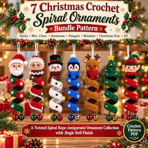 May include: A digital pattern bundle for 7 Christmas crochet spiral ornaments featuring Santa, Mrs. Claus, a snowman, a penguin, a reindeer, a Christmas tree, and an elf. Each amigurumi ornament has a twisted rope body and jingle bell accents.