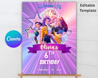 Kpop Demon Hunters Welcome Sign, Editable K Pop Birthday Sign, Kpop Demon Hunters Party Welcome Signs, Instant Download, Canva Printable PDF