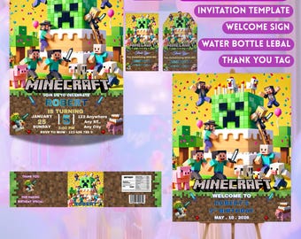 4 in 1 Pixel Block Birthday Party Bundle | Game Theme Party Bundle | Welcome sign, Thank you Tag, Water bottle Label, Minecrafterrr invites