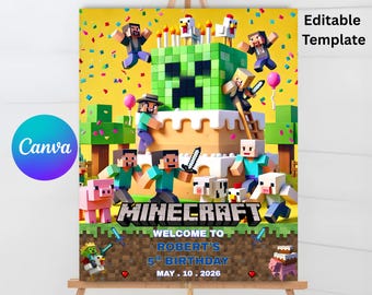 Pixel Block Boys Birthday Party Welcome Sign | Game Theme Part Welcome Sign | Gamer Boys Party invitation | Instant Editable Canva Templates