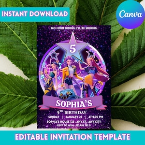 May include: A digital invitation template for a 5th birthday party. The design features three animated figures, a purple banner with the name "Sophia's", and the text "Instant Download" and "Editable Invitation Template". The background is a dark purple with stars.