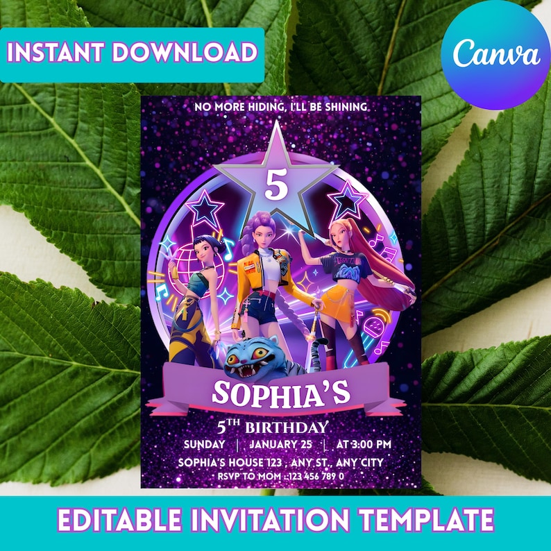 May include: A digital invitation template for a 5th birthday party. The design features three animated figures, a purple banner with the name "Sophia's", and the text "Instant Download" and "Editable Invitation Template". The background is a dark purple with stars.