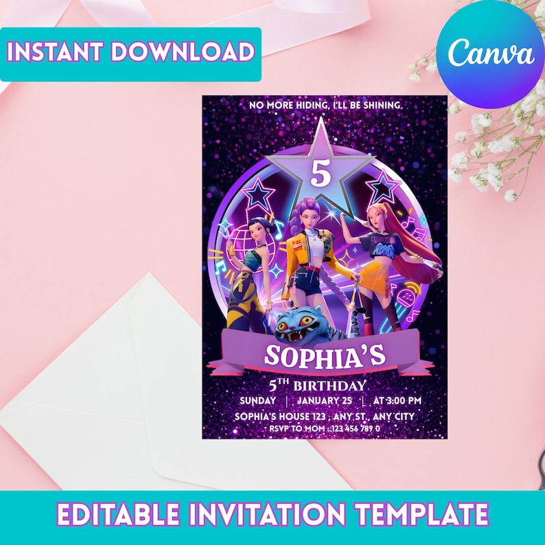 May include: A digital invitation template for a 5th birthday party. The design features three animated girls, a tiger, and the text "Sophia's 5th Birthday". Includes the date, time, and RSVP information. The words "Instant Download" and "Editable Invitation Template" are also visible.