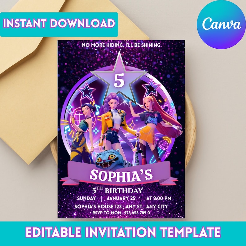 May include: A digital invitation template with a purple and pink theme. The design features three animated figures, a star, and the text "Sophia's 5th Birthday." Additional text includes the date, time, and RSVP information. The words "Instant Download" and "Editable Invitation Template" are also present.
