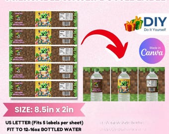 Pixels Water Bottle Label, Party Printable Labels, Party Bundle, MineCraffterr Boys Birthday Party Invites, Editable Canva Gamer Invitations