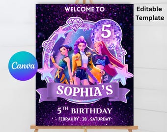 Kpop Demon Hunters Welcome Sign, Editable Kpop Birthday Sign, Huntrix Saja Boys Birthday Decor, Kpop Anime Invite, Canva Printable Invites