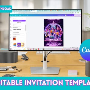 May include: A computer monitor displays a birthday invitation template with the text "Sophia's 5th Birthday". The screen shows a design interface with editing tools. The words "Instant Download" and "Editable Invitation Template" are also visible.