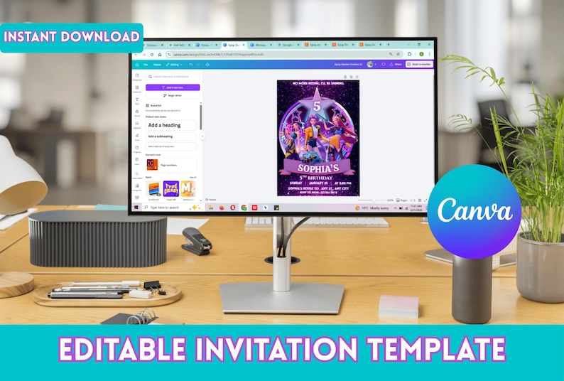May include: A computer monitor displays a birthday invitation template with the text "Sophia's 5th Birthday". The screen shows a design interface with editing tools. The words "Instant Download" and "Editable Invitation Template" are also visible.