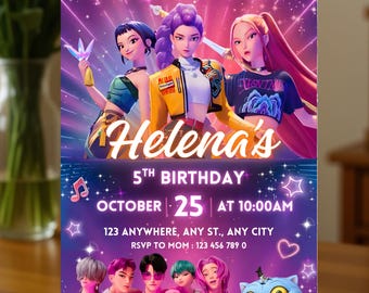 K-pop Demon Hunters Birthday Invitation, K-pop Birthday Template, Kpop Anime Invite, Kids Kpop Party Invite, Music Birthday Invite, Canva
