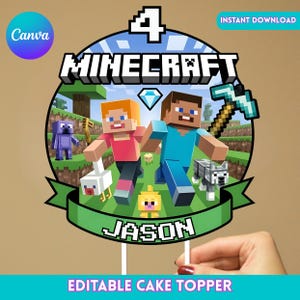 Pixel Game Birthday Cake Topper, Personalized Party Decoration, Inspired by Gamer Minecrafterr, Printable Cake Decor, Instant Canva Template