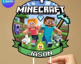 Pixel Game Birthday Cake Topper, Personalized Party Decoration, Inspired by Gamer Minecrafterr, Printable Cake Decor, Instant Canva Template