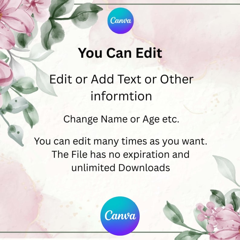 May include: A digital graphic with a soft, watercolor background in pink and white, adorned with floral and leaf accents. Text in black reads "You Can Edit," followed by instructions on editing and downloading. The Canva logo is featured.