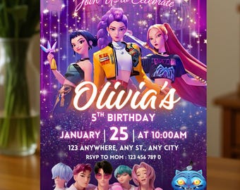 Kpop Demon Hunters Birthday Invitation, Huntrix Invite, K-pop Invites Digital Download, Editable Canva Template, Saja boys Birthday invites