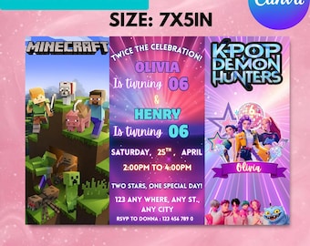 Sibling Birthday Invitation, Kpop Double Birthday Invitation, Twins Birthday Invitation, Boy & Girl Double Invite, Two Theme, Canva Editable