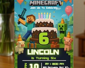 Pixel Block Birthday Invitation, Minecrafterrr Boys Birthday Party Invites, Gamer Party Invitations, Instant Editable Digital Canva Template