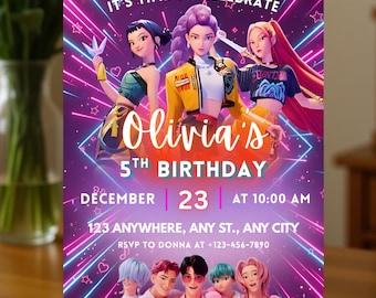 Kpop Birthday Invitation| Anime Theme party| Anime Invite| Hunter Invites| Canva Template | Kpop Demon| Kpop Demon Hunters kids Birthday
