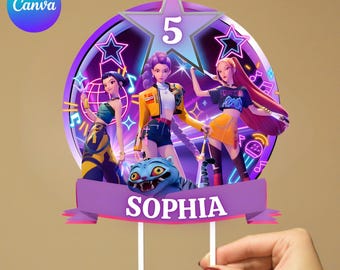 Kpop Demon Hunters Cake Topper, Huntrix Kpop Birthday Toppers, Huntrix Party Decoration, Editable Canva Template, Anime Huntrix Cake Topper