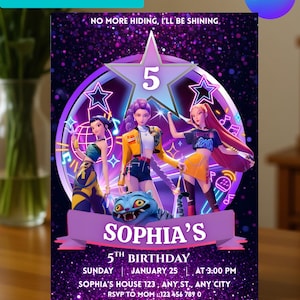 May include: A digital invitation template with a purple and black background. The design features three animated figures, a star with the number 5, and the text "SOPHIA'S 5TH BIRTHDAY". Additional text includes date, time, and RSVP information. The words "INSTANT DOWNLOAD" and "EDITABLE INVITATION TEMPLATE" are also present.