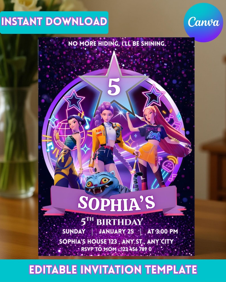 May include: A digital invitation template with a purple and black background. The design features three animated figures, a star with the number 5, and the text "SOPHIA'S 5TH BIRTHDAY". Additional text includes date, time, and RSVP information. The words "INSTANT DOWNLOAD" and "EDITABLE INVITATION TEMPLATE" are also present.