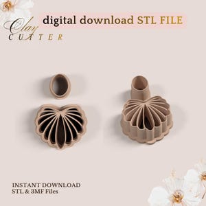 Peut inclure: Trois emporte-pièces en argile beige en forme de cœur, d'ovale et de fleur. Le texte "Clay Cutter" et "digital download STL FILE" sont visibles. Le texte "INSTANT DOWNLOAD STL & 3MF Files" est également présent.
