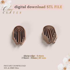 May include: Two light brown arch-shaped clay cutters with a 0.4mm sharp edge. The text reads digital download STL FILE, sharp edge : 0.4mm, 2 Sizes : 35mm | 40 mm, and INSTANT DOWNLOAD STL & 3MF Files. These tools are designed for cutting clay shapes.