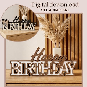 Peut inclure: Un téléchargement numérique pour fichiers STL et 3MF représentant une enseigne 3D avec le texte Happy Birthday. L'enseigne se compose de lettres capitales marron avec des inserts blancs et des cœurs découpés, surmontée du mot Happy en écriture cursive.