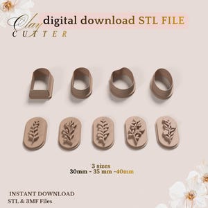 May include: A set of light brown clay cutters for digital download as STL files. The collection includes four geometric frames and five oval stamps featuring various botanical leaf and floral patterns, with sizes of 30mm, 35mm, and 40mm.