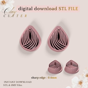 Puede incluir: Dos cortadores de arcilla grandes y dos pequeños de color rosa polvoriento con forma de lágrima y un patrón de remolino interno en capas. El texto dice digital download STL FILE, Clay Cutter, sharp edge : 0.4mm, INSTANT DOWNLOAD, STL & 3MF Files.