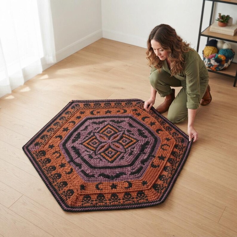 Może przedstawiać: Sześciokątny dywanik wykonany na szydełku z centralnym geometrycznym motywem w odcieniach fioletu, pomarańczu i czerni. Brzeg zdobią powtarzające się wzory czaszek, p&oacute;łksiężyc&oacute;w i gwiazd, wykonane z misternych tekstur wł&oacute;czki w ciemnej palecie.