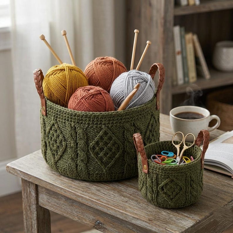 May include: Two round, olive green crocheted baskets with braided brown faux leather handles. The larger basket holds four yarn balls in mustard, rust, and gray, with wooden knitting needles. The smaller basket contains gold scissors and colorful stitch markers.