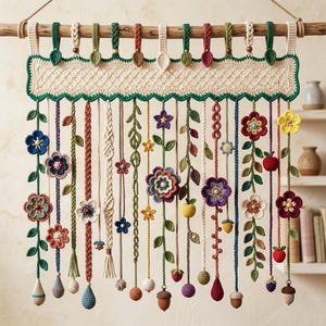 Op de afbeelding: Een handgemaakte gehaakte wandhanger met een houten tak en decoratieve elementen. Het stuk bevat een crèmekleurig rechthoekig paneel met groene rand en kleurrijke hangende strengen versierd met gehaakte bloemen, bladeren en andere op de natuur geïnspireerde vormen.