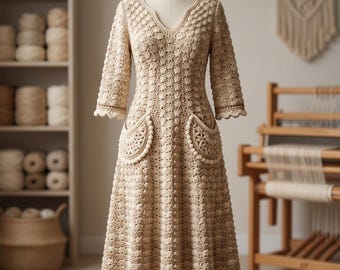Textured V Neck Crochet Gown Pattern PDF, Pocket Dress Tutorial, Puff Shell Crochet Dress, A Line Women Dress Pattern, V Neck Crochet Dress.