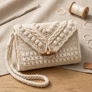 May include: A cream-colored crochet handbag featuring a textured bobble stitch pattern on the front flap and body. The bag includes a braided wrist strap and is secured with a single horizontal wooden toggle button with carved decorative details.
