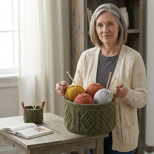 May include: A round, olive green crocheted basket with brown leather handles, filled with four balls of yarn in yellow, orange, rust, and grey, each with a wooden knitting needle inserted. A smaller matching basket sits on the table nearby.