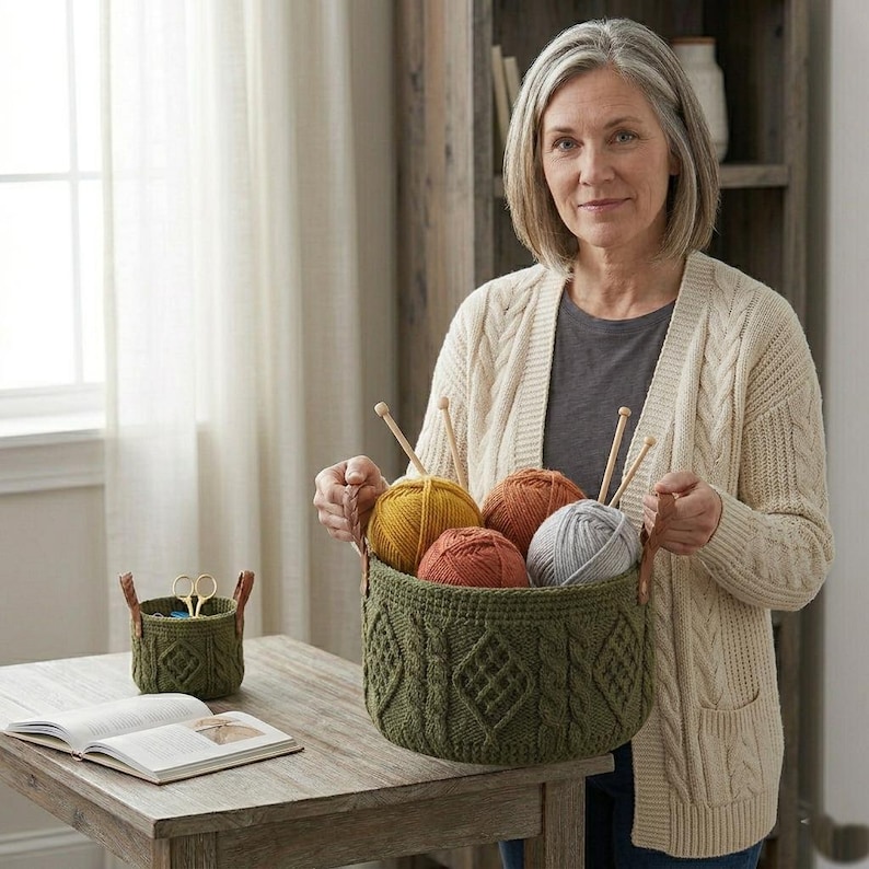 May include: A round, olive green crocheted basket with brown leather handles, filled with four balls of yarn in yellow, orange, rust, and grey, each with a wooden knitting needle inserted. A smaller matching basket sits on the table nearby.