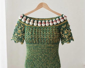 Christmas Crochet Top, Christmas Sweater Crochet, Crochet Holiday Sweater, Off Shoulder Crochet Top, Crochet Winter Top.