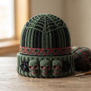 Skull Beanie Pattern, Crochet Skull Hat, Gothic Beanie, Spiderweb Beanie, Gothic Halloween Hat, Handmade Hat, Crochet Winter Hat.