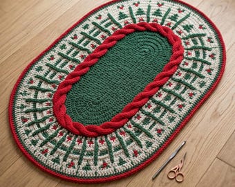 Christmas Crochet Rug Pattern, Oval Rug PDF, Holiday Floor Mat, Crochet Christmas Decor, Digital Download