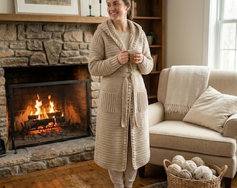 Luxury Hooded Crochet Robe Pattern PDF, Long Spa Style Crochet Gown, Belted Hooded Cardigan, Cozy Robe Tutorial, Crochet Spa Robe Pattern.