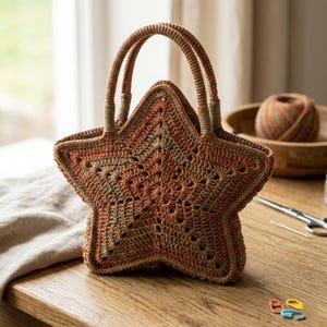 Puede incluir: Bolso de crochet en forma de estrella en tonos marrones y verdes. El bolso tiene dos asas y un patrón texturizado. Un ovillo de lana y unas tijeras se ven en el fondo. El bolso está sobre una superficie de madera.