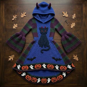 May include: A blue hooded crochet dress featuring long bell sleeves with purple and green stripes. The hood has two small horns. A black cat appliqué sits on the chest, while the hem displays a border of crocheted ghosts and orange pumpkins.
