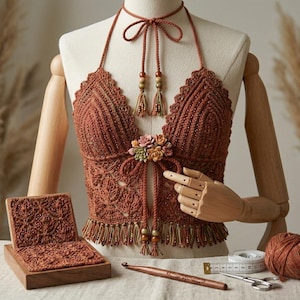May include: A handmade, rust-coloured crochet halter top with detailed patterns and a floral decoration. The top has a scalloped edge, beaded fringe, and a tie fastening. A wooden display stand, crochet hook, and yarn are also visible.