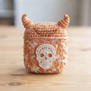 May include: A crochet case for wireless earbuds featuring a two-tone orange and white floral pattern. The case has two small horns on the top lid and a white crocheted skull motif centered on the front, providing a textured, decorative cover.